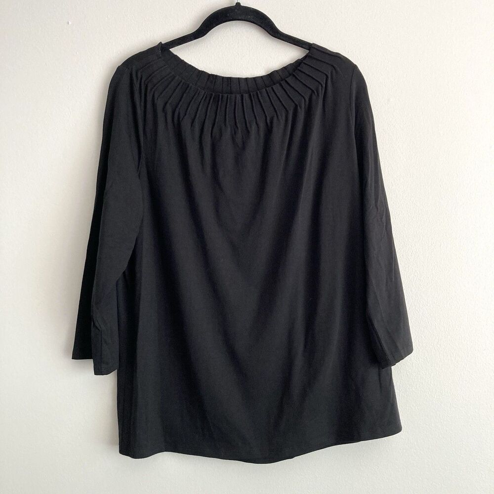 Talbots Womens Black Gathered Neck Top Size XL Cotton Modal 3/4 Sleeves Staple